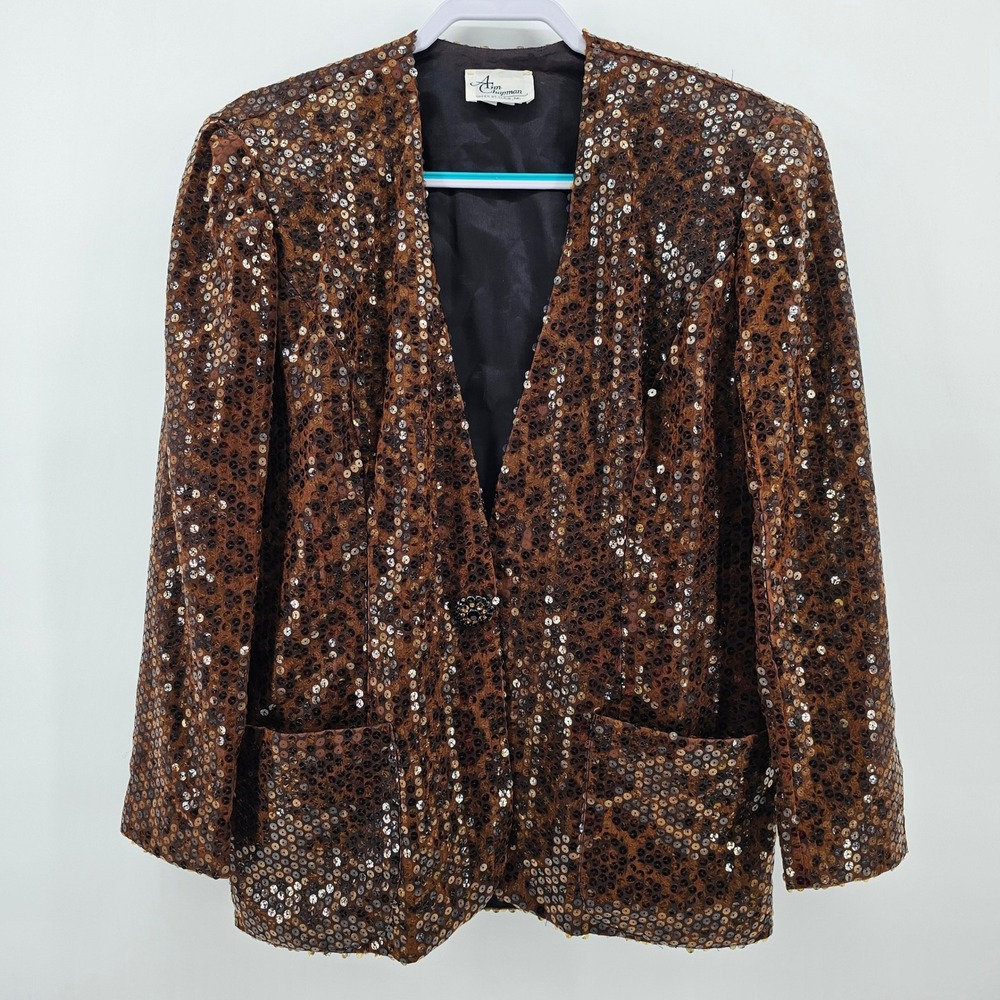 Ann Chapman Sequin Blazer Women 10 Brown Leopard Print Vintage Glam Jacket